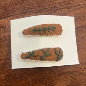 Handmade Brown Hair Clips with Green Embroidery